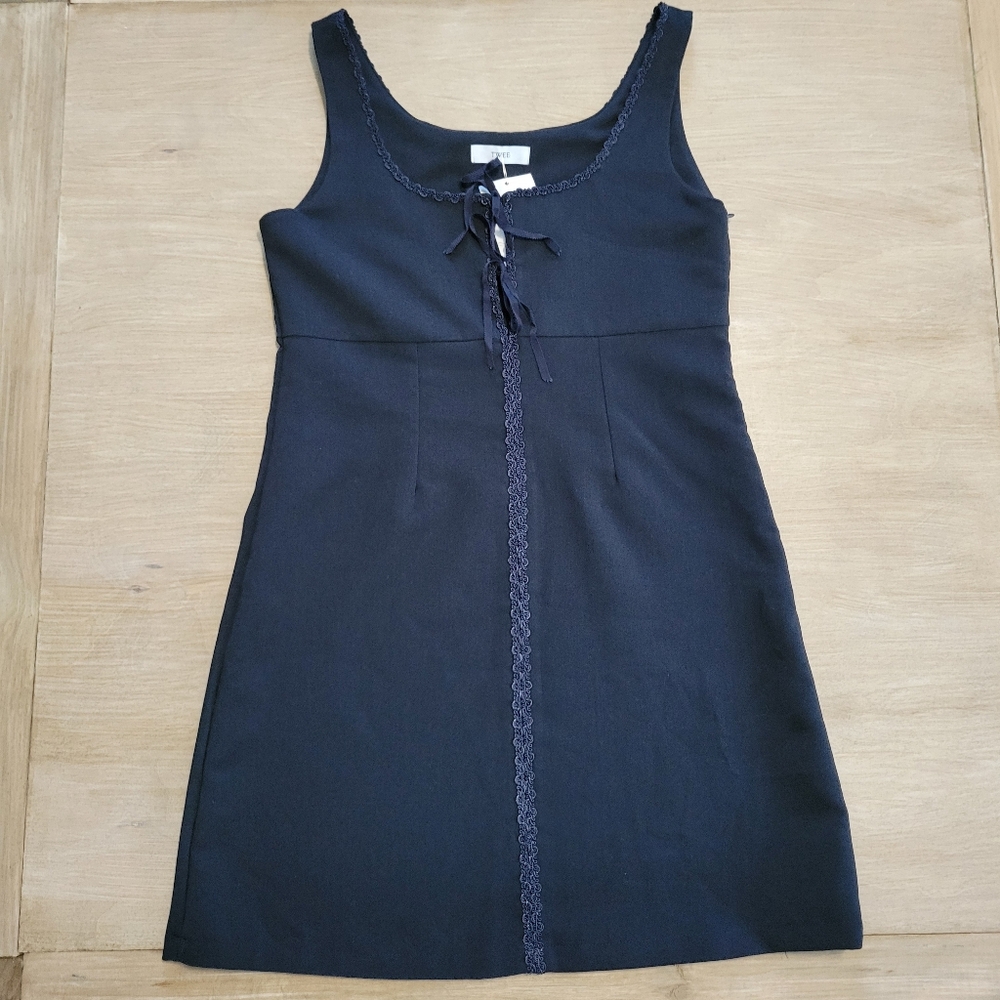 TWEE Korea Boutique Mini Black Dress with Front Tie Shift Cocktail Size FF small